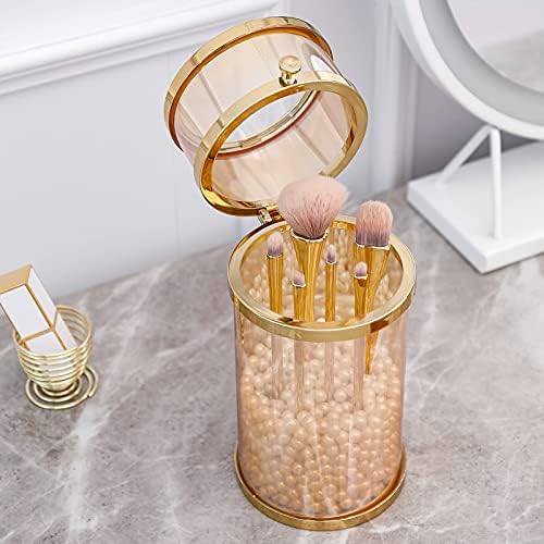 Solador de escova de maquiagem de ouro sim, escova de cosméticos de vidro redondo de vidro organizador com tampa à prova