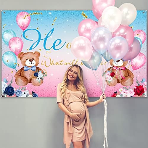 Decoração de festas de revelação de urso, ele ou ela revelam banner de fundo o que o bebê será de fundo azul rosa urso para decorações de parede do chá de bebê, 5,9 x 3,6 pés