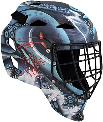 Philipp Grubauer e Chris Driedger autografou Azul Franklin Goalie Mask Seattle Kraken Fanatics Holo Stock 211743