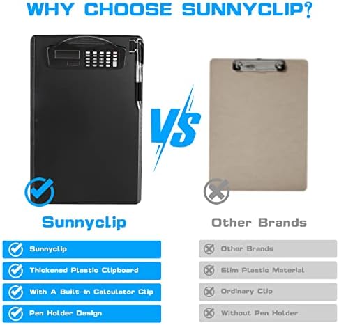 Sunnyclip Transfábica com suporte de caneta e calculadora, [20% mais grossa e durável] placa de clipe de plástico com régua lateral,