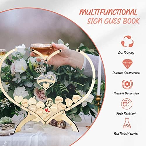 Junhao Heart Wedding Wedding Livro de convidado alternativo, 100 corações com caixa de madeira, livro de login de casamento para