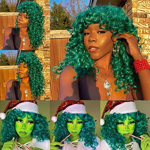 Annivia-x peruca encaracolada com franja para mulheres negras verdes long long kinky curly afro peruca grande afro solt fofo cabelo encaracolado, peruca sintética para uso diário de cosplay de festa （verde 17 polegadas）