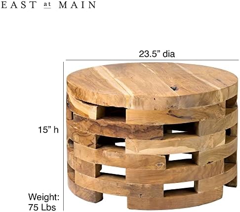 Leste na mesa de café de madeira principal - 23,5 ”dia x 15” h Retra aberta Móveis de madeira - mesa de sotaque rústica artesanal para a sala de estar da fazenda de escritório em casa - peça central - marrom natural e pré -montado