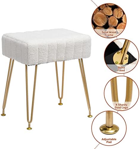 Hollyhome Fluffy Vanity Stool Retângulo otomano Otomano Banco estofado estofado com pernas de metal camurça bancada interna