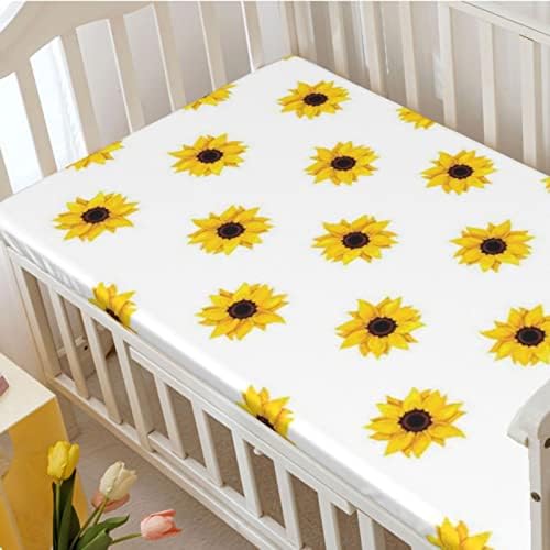 Mini -berço com tema de girassol lençóis de berço, lençóis de berço portáteis folhas de colchão de criança macia -folha de colchão de recriação ou lençol de cama, 24 “x38“, amarelo