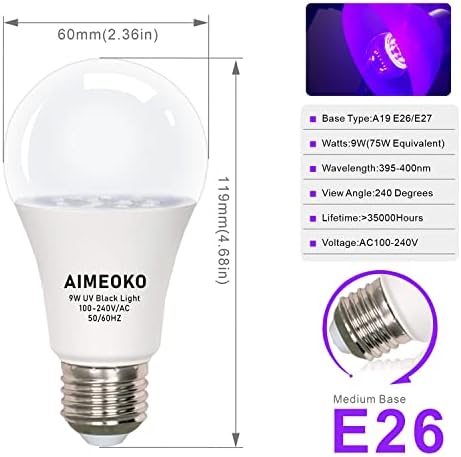 Aimeoko liderou a lâmpada preta 9W Blacklight Blacklight Bulb E26 Base Substituição Bulbos, UVA Nível 390-400nm, brilho na festa dos Blacklights, pôster fluorescente, pacote corporal-tinta-2