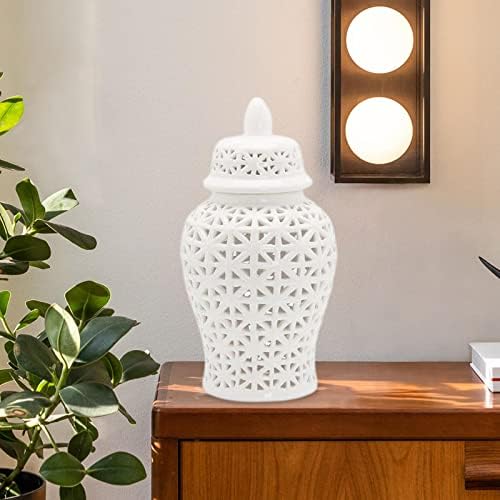 Jarra de gengibre branco de 14 com tampa, artesanato de decoração criativa, jarro decorativo de porcelana envidraçado para sala de estar, decoração de casa