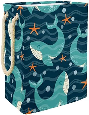Baleias sorridentes e estrelas do mar Sacos de armazenamento de cesta de lavanderia embutidos com suportes destacáveis ​​cesto de roupa dobrável para brinquedos organização de roupas