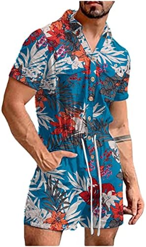 Romances masculinos Botão de algodão shorts havaianos macacões de traje curto de manga curta trajes de praia casuais com bolsos