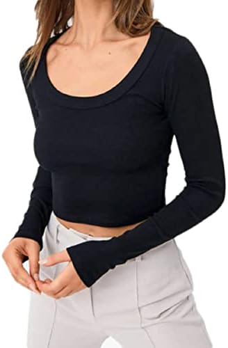 Pescoço quadrado Top de manga longa para mulheres Sexy Camisetas de tee de nervuras básicas Y2K Tops