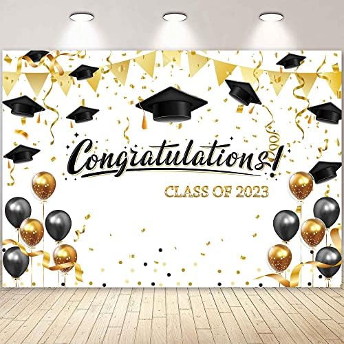 Livucee 2023 Graduação cenário para fotografia Decorações de festa de graduação Balões de ouro preto suprimentos Parabéns Graduação Capforma de formatura Banner Photo Studio Booth 7x5ft Fabric