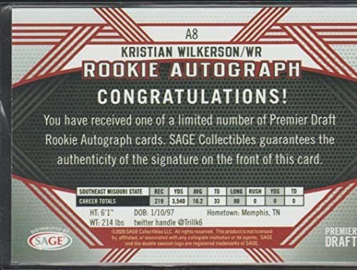 2020 Sage Hit Premier Draft Autograph Black #A8 Kristian Wilkerson RC Cartão
