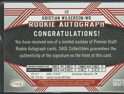 2020 Sage Hit Premier Draft Autograph Black A8 Kristian Wilkerson RC Cartão