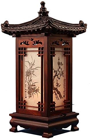 Antique viva, lâmpada de mesa de madeira esculpida feita à mão tradicional coreana pavilhão pagode design art déco lanterna marrom