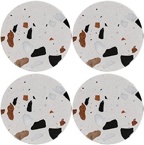 Conjunto de 4 montanhas -russas naturais de terrazzo para bebidas xícaras de pedra natural colocam tapetes para decoração de casa redonda de pedra branca grossa