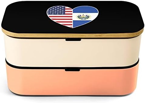 El Salvador e America Flag Heart Double Cayer Bento lancheira com utensílios de utensílios de almoço empilhável Inclui 2 contêineres