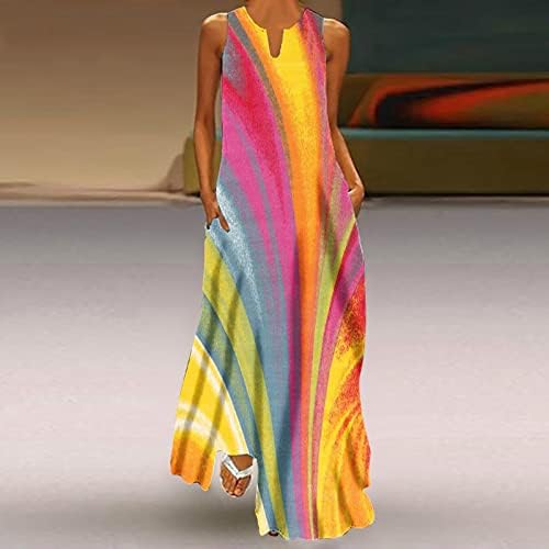 Ticcoy Feminino Sleesess Dresses V Dish Tye Print Maxi Dress 2023 Trendy Summer Beach Sundress com bolsos