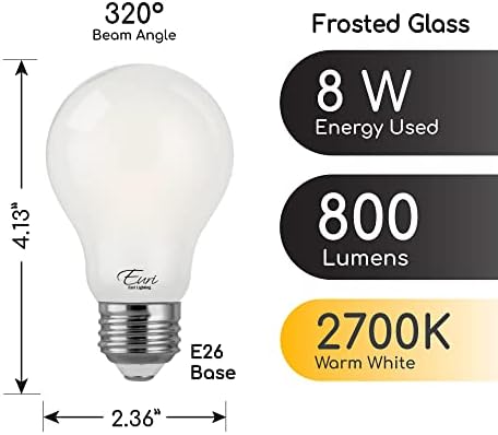 Iluminação EURI VA19-3020EF, Dimmable LED A19, 8W, branco quente, 800lm, 80cri, feixe de 320 °, e26, vidro fosco, classificação
