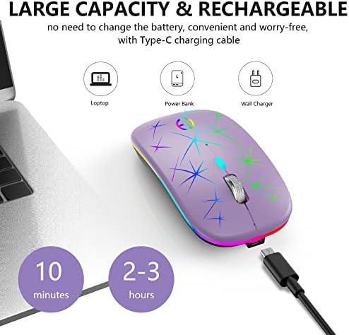 Mouse sem fio de Taiyang, 2.4g de mouse portátil óptico silencioso RGB com receptor USB e adaptador tipo C, 3 níveis