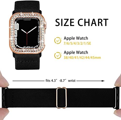 Vsant compatível com a série Apple Watch Series 4/5/6 SE com estojo de 40 mm, alça elástica ajustável de nylon de nylon preto com jóias tampa do pára -choques glitter para iwatch Series 6 5 4 SE