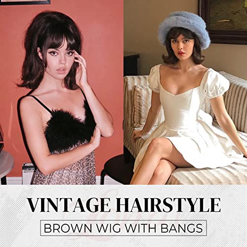 Peruca brown retro brown 50s 60s 70s Wig com franja para mulheres cabelos sintéticos para festa de fantasia de Halloween