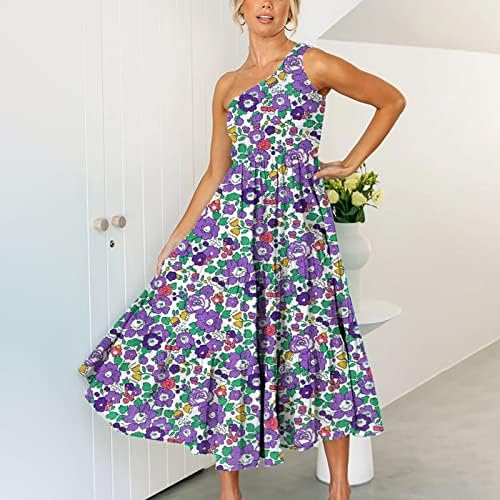 Ticcoy Vestidos femininos de verão elegante impressão floral boho um ombro sem mangas Smocked Ruffle Swing Long Maxi Dress