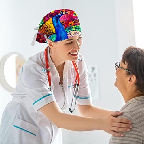 Belo pavão multicolorido Hat de trabalho de trabalho ajustável Tampa com botões e cabelo arco -arco para enfermeiro e médico