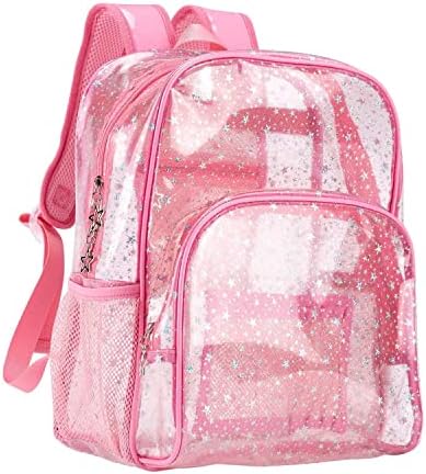 Belugadesign Glitter Clear Pink Mackpack | Bolsa de livros de laptop pastel Kawaii fofa para mulheres adolescentes | Tiras ajustáveis ​​com zíper de estrela de prata