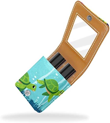 Caixa de batom mini mini com espelho para bolsa, verde duas tartarugas marinhas marinhas oceanos oceano bolsa de maquiagem cosmética, segura 3 tubos de tamanho regular para festa de viagem