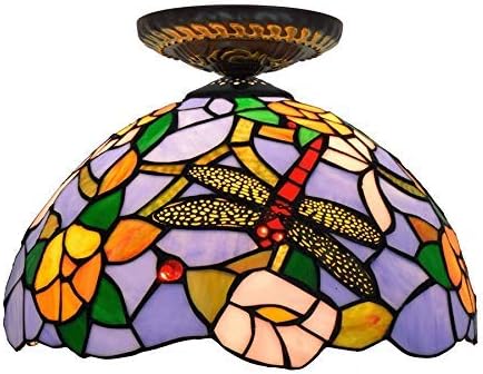 JF-XUAN 12 polegadas semi-rubor luzes do teto Luzes de teto estilo Dragonfly Flower Glass Shade, compatível com lâmpadas