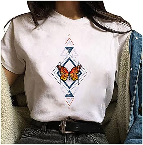 Verão feminino de borboleta impressão de t-shirt moderna de manga curta no pescoço redondo blusas gráficas bonitas