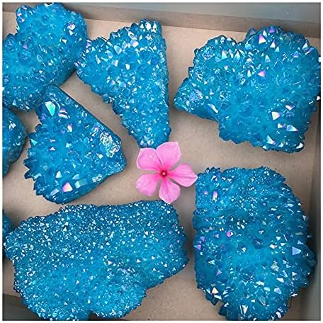 Saiyi lindo eletroplato azul aura quartzo cluster com arco -íris Pedra natural e mineral para decoração como presente bonito