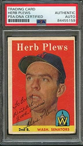 1958 TOPPS 109 Herb Plews Cartão assinado PSA Snabbed Auto Senators - Cartões autografados de Baseball Slabbed