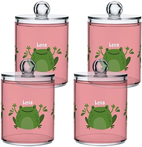 Yyzzh Green Frog Say Hello Cartoon Animal Tropical On Pink 4 Pack Pack QTIP Dispensador para algodão Swab Ball Round Pads Flet