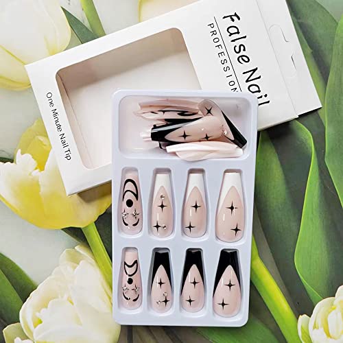 24 PCs Pressione a ponta francesa em unhas Coffin Shape unhas falsas preto e branco Smiley Bet Stick On Unhinete Expressal Clown Glue em pregos Design de acrílico longo