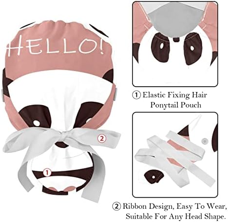 Pshhhdgyhs 2 peças adorável panda hello-01 tampa de trabalho ajustável com botão, boné de enfermagem com banda de suor