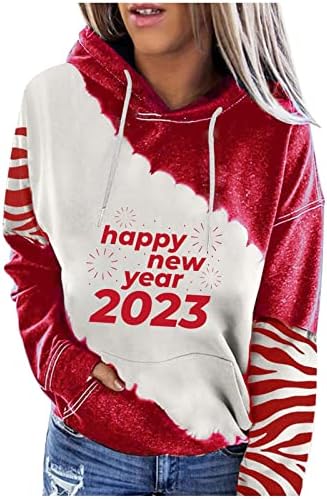 Pullover de capuz feminino Tops Feliz Ano Novo 2023 Camisetas Mangas Longo Capuz Casual Casual Túlia Túnica