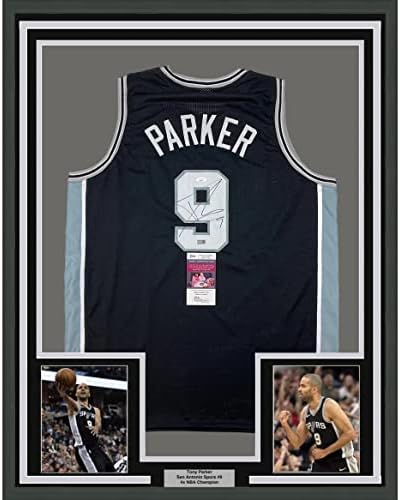 Tony Parker autografado/assinado 33x42 San Antonio Black Basketball Jersey JSA COA