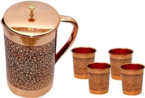 Advika Handicraft Handmade Pure Copper 1 Jug Capacidade de jarro 67 oz {4} Capacidade de cálice em copo de vidro em