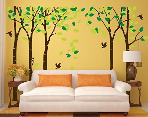 Amaonm 104 x71 gigante grande selva 5 árvores Decalques de parede folhas verdes e pássaros moscas Decoração de parede decoração de
