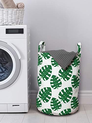 Bolsa de lavanderia de Ambesonne Philodendron, padrão contínuo de desenhos animados do estilo de desenho animado Ornamento da natureza simples, cesto de cesto com alças fechamento de cordão para lavanderias, 13 x 19, verde e branco
