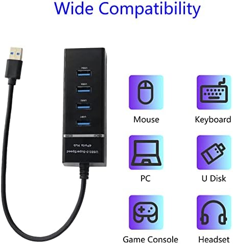 Qianrenon 4-porta USB 3.0 Hub divisor 5 Gbps Hub de dados USB 4 em 1 com indicação de LED para Windows PC, Mac, Surface Pro, Laptop, impressora, 30 cm, preto