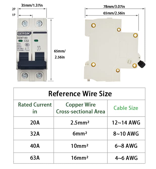 Disjuntor de circuito em miniatura de Gersik, 32 amp 400v 2 postes Din Rail Mount Circuiter, viagem magnética térmica, interruptor