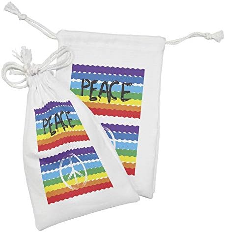 Conjunto de bolsas de tecido retrô de Ambesonne de 2, tipografia de paz modernista com circular em listras onduladas de cor de arco -íris, pequenas bolsas de cordão para máscaras e favores de produtos de higiene pessoal, 9 x 6, multicolor